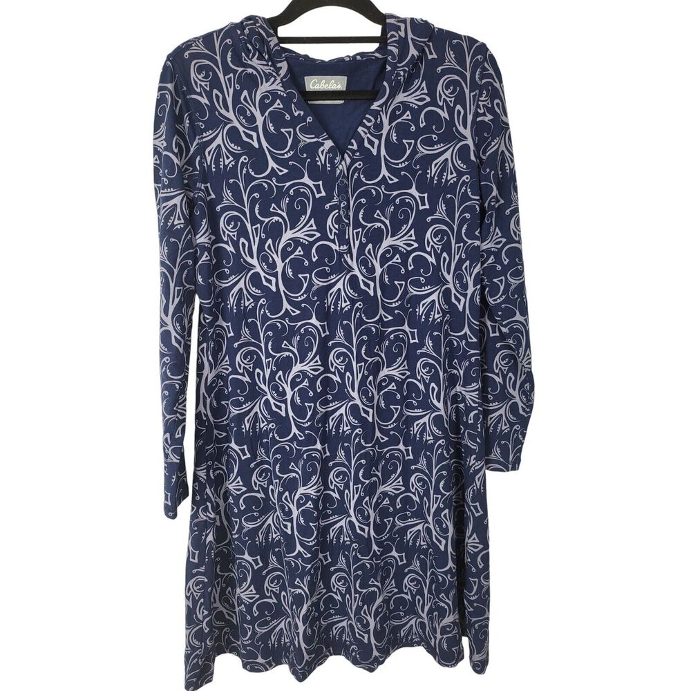 Cabela's Dress Large Womens Blue Swirl Print Knee Length Long Sleeve Hooded